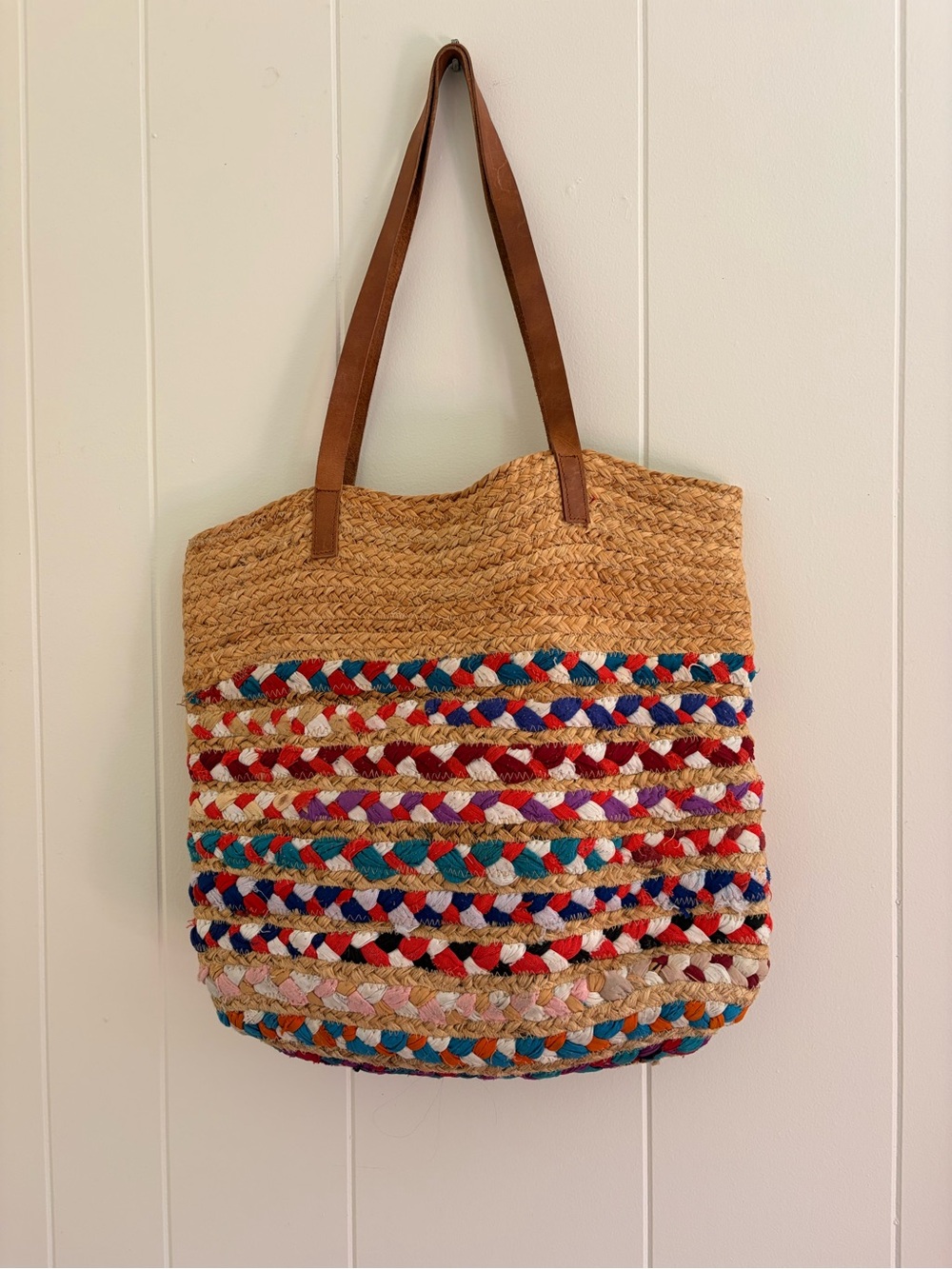 Woven Straw Tote Bag with Colorful Braided Stripes - Brown - Picture 2 of 3